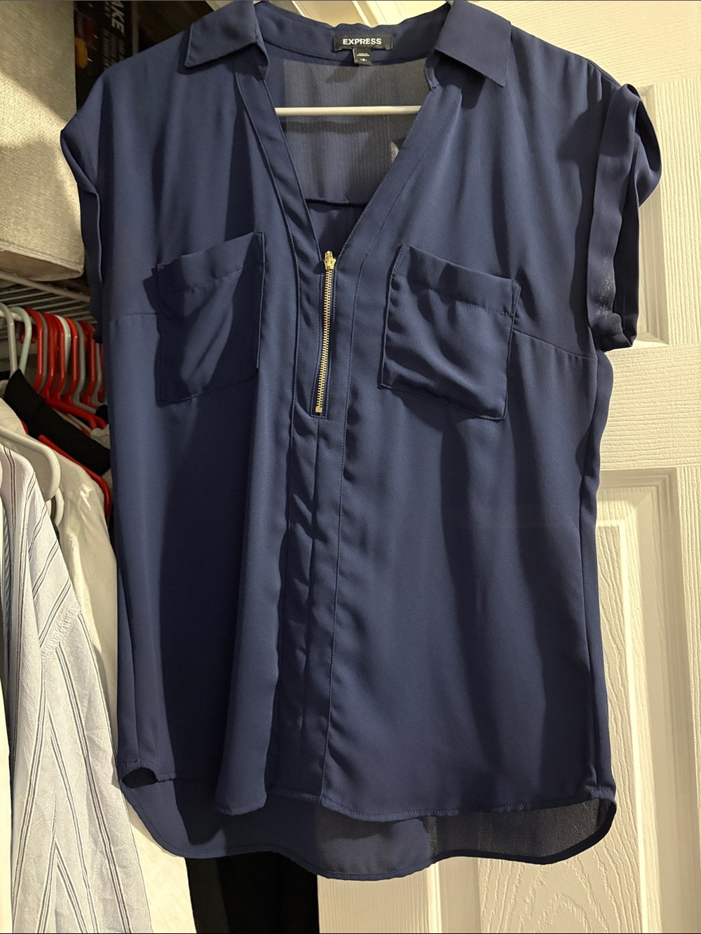 Express Navy Short-Sleeve Zip-Front Blouse